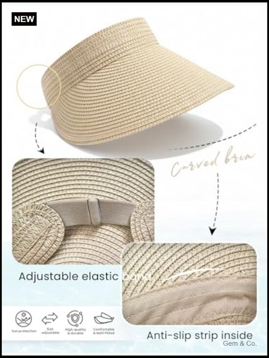 Wide Brim Paper Straw Sun Visor Hat Adjustable Packable Beach Travel main image 5